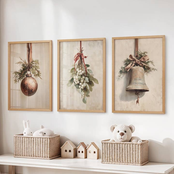 Rustic Holiday Set of 3 Prints: Vintage Christmas Bell Art for wholesale by PrintSets.com