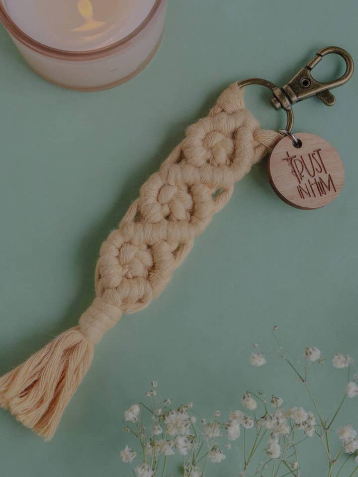 Trust in Him - Catholic Macrame Keychain for wholesale by Saint Clare and Francis