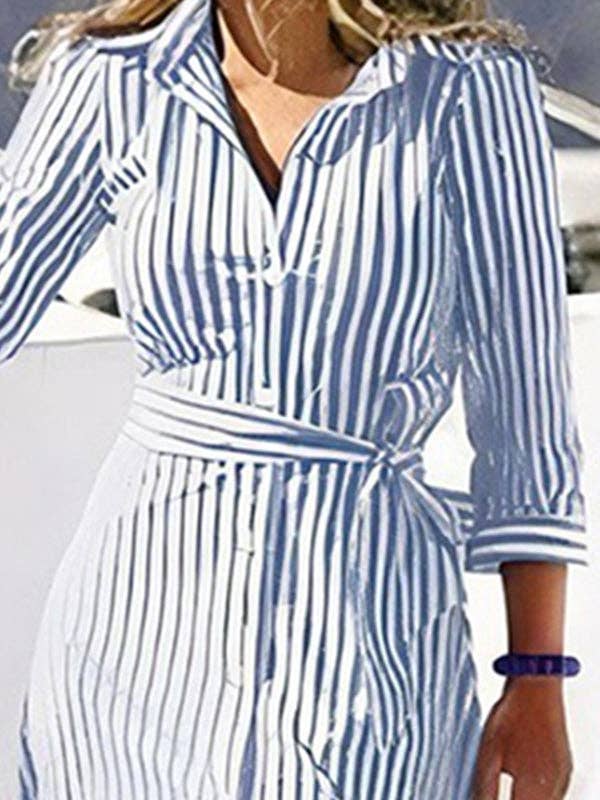 VividLux - Wholesale Dress – Women's - High Waisted Long Sleeves Buttoned Striped Tied Waist V-Neck Maxi Dresses Shirt Dress1