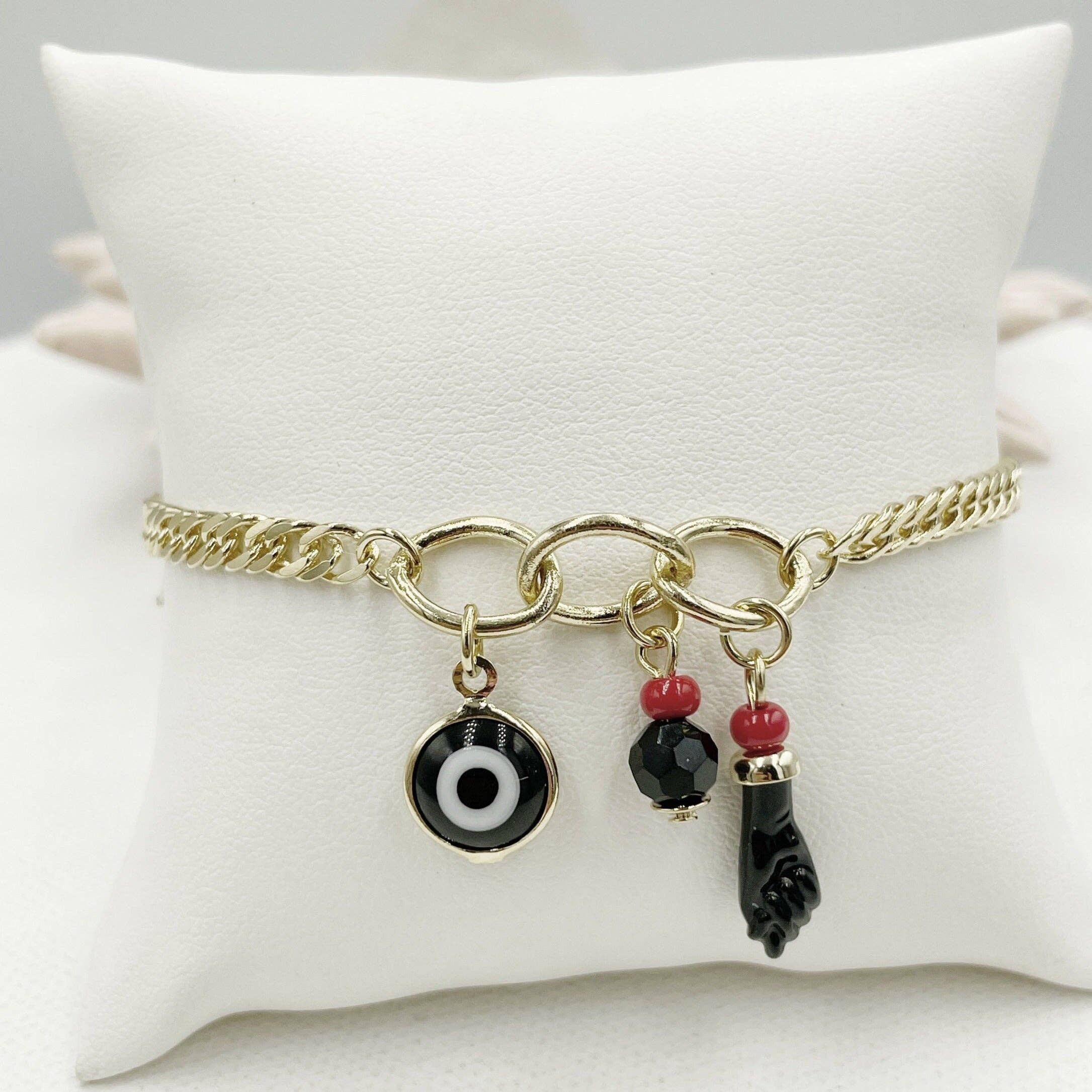 Cherie by Cherie - Venta al por mayor Pulseras de abalorios/colgantes - Pulsera colgante de mano de figa, mal de ojo, cuentas negras y rojas0
