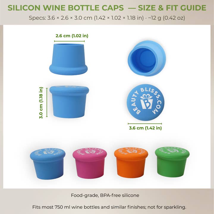 Beauty Blisss - Wholesale Wine Stopper - Silicone Wine Bottle Caps — Airtight, Reusable — 4-pc & 6-pc4