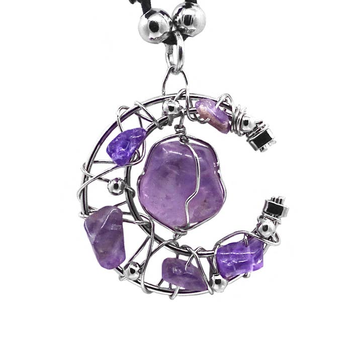 Pichincha - Wholesale Pendant/charm necklace - Wire Wrapped Crescent Moon Stone Pendant Adjustable Necklace1