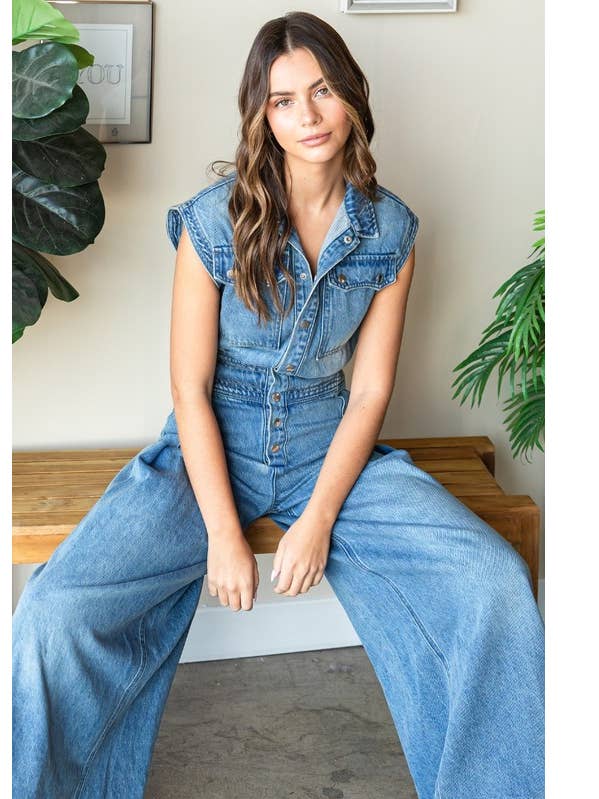 Denim Button Down Sleeveless Jumpsuit for wholesale by MintChoco