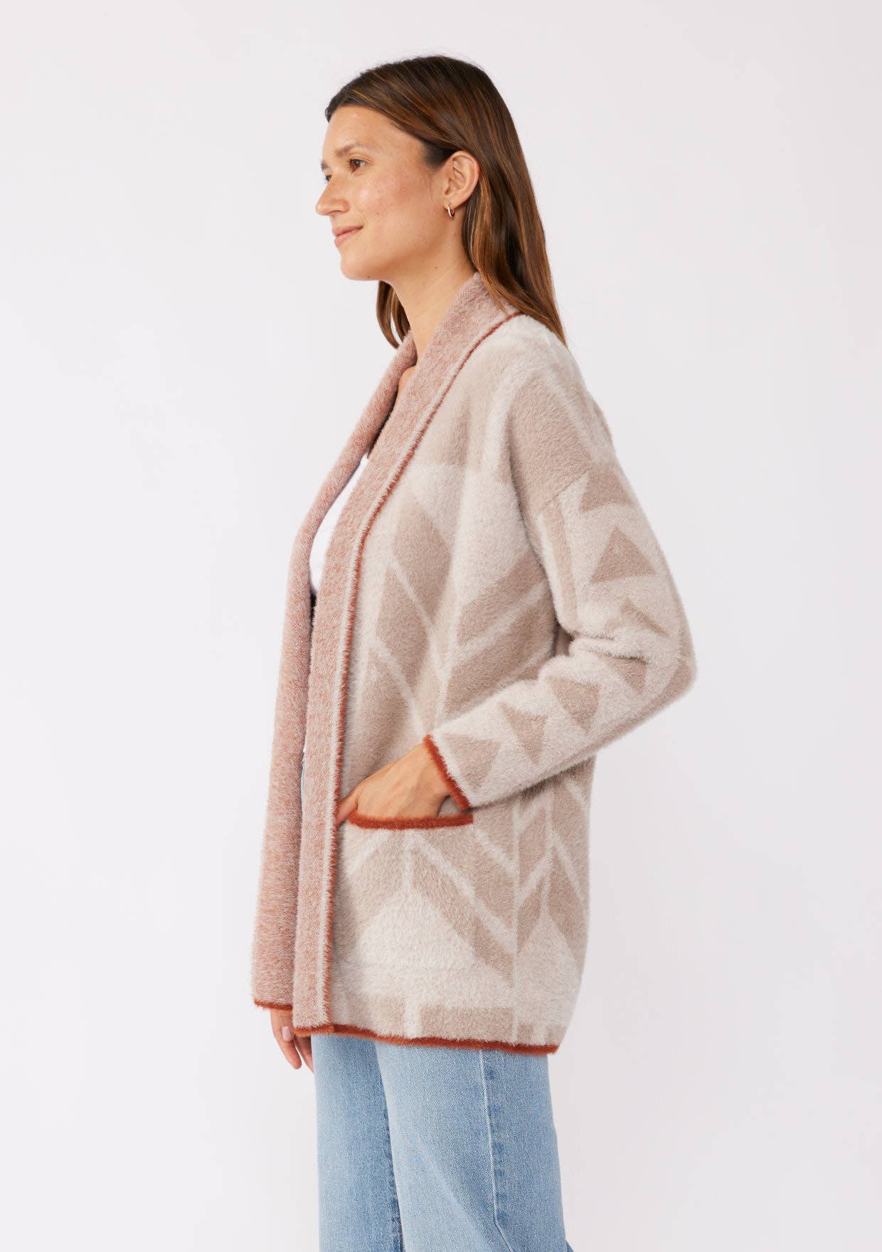 Oatmeal Natural Tribal Shawl Collar Cardigan for wholesale on Faire2