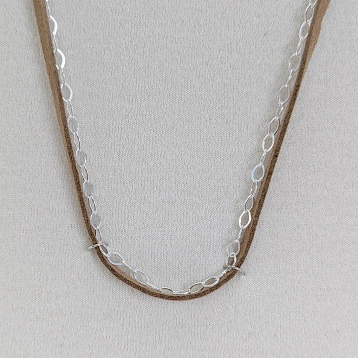 Tan Suede and Sterling Chain Necklace for wholesale by Saraswati Imports