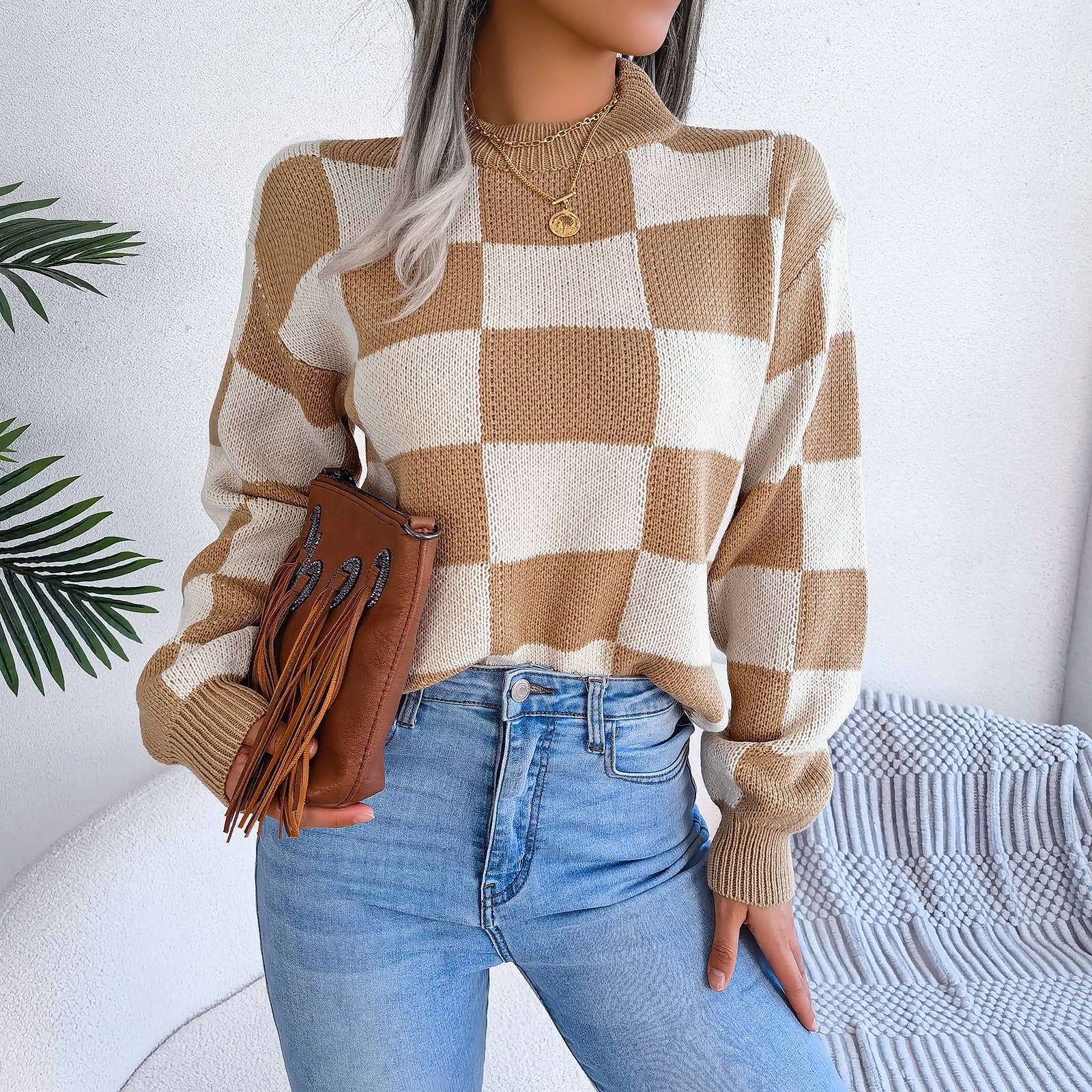 HIDDENBRAND - Wholesale Knit Sweater - Women's - Contrast plaid pullover knit sweater16