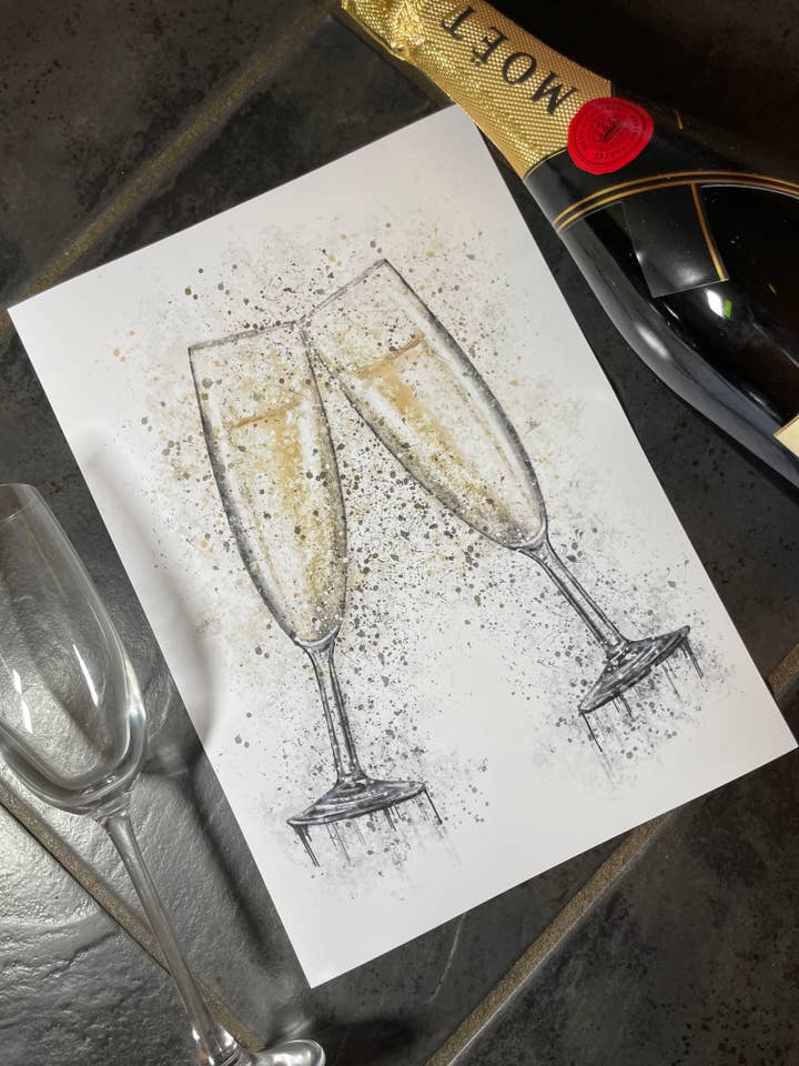 Champagne Glasses Art Print for wholesale by Pics and Squiggles