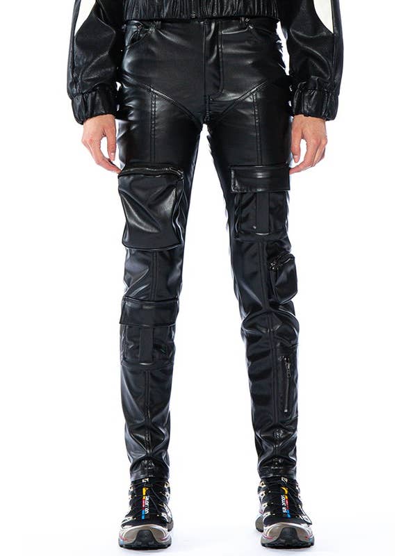 Black Vegan Leather Skinny Cargo Pants for wholesale on Faire2