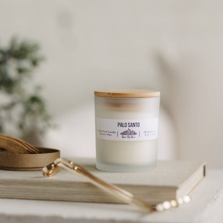 Rain City Rae's - Wholesale Jar/Filled Candle - Palo Santo 8 oz Frosted Candle | Smoky Warm + Sultry Scent