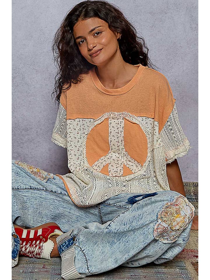 Pol Clothing - Wholesale Knit Top - Women's - Oversize round neck crochet print peace mark top SALE