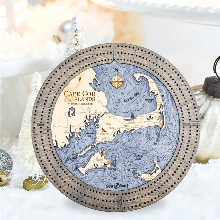 Tabla de cribbage personalizada con mapa de madera náutica de Cape Cod para venta al por mayor de Sea & Soul Nautical Chart Art
