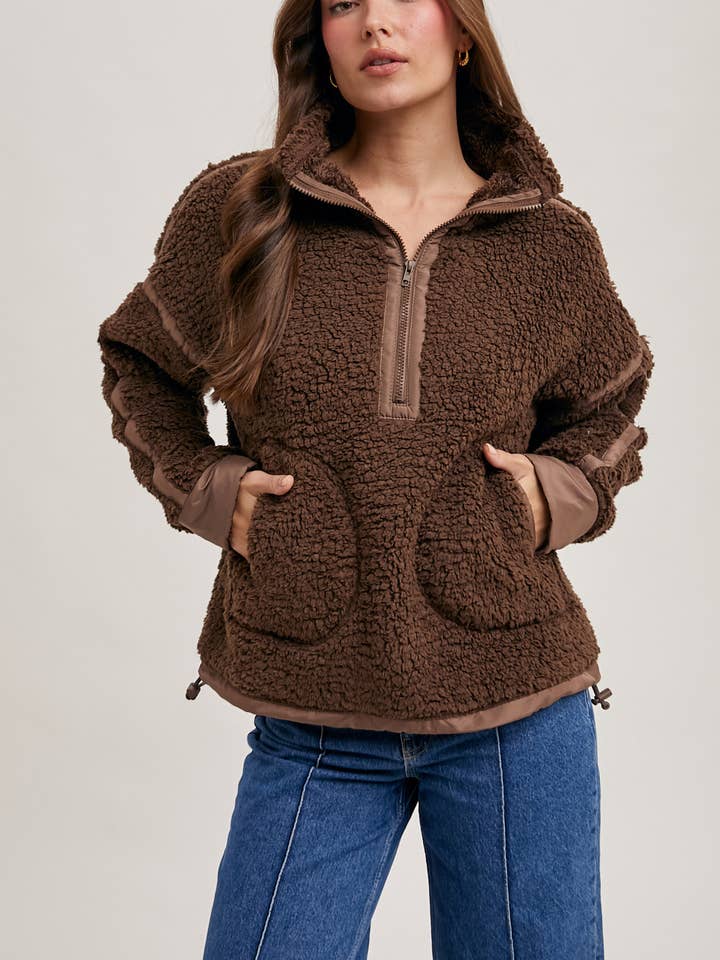Bluivy - Wholesale Outerwear - Maternity - HALF ZIP CONTRAST SHERPA FLEECE TOP WITH POCKETS