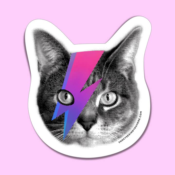 Holographic Bowie Cat Sticker for wholesale by Fancy Seeing You Here