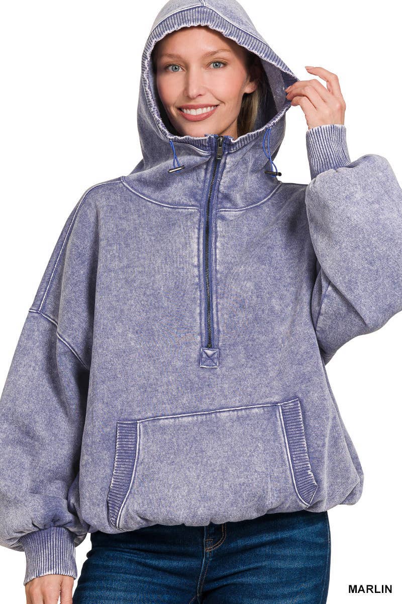 Vanilla Monkey - Wholesale Hoodie - Women's - Washed Drawstring Hem Half Zip Kangaroo Hoodie6