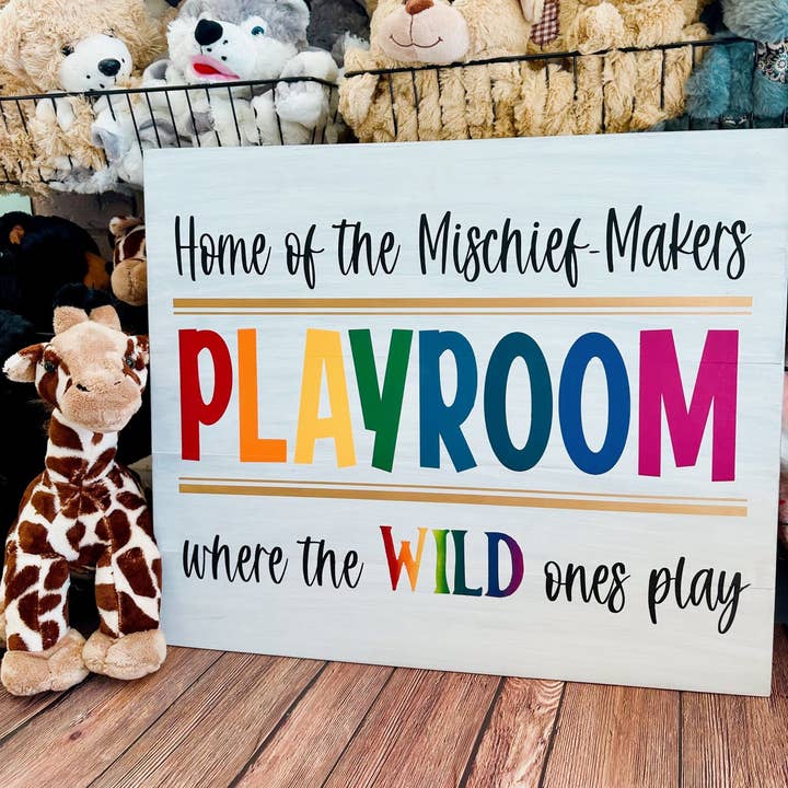 Home of the Mischief Makers Playroom SIGNATURE DESIGN P03530 for wholesale by Paisley Grace Makery
