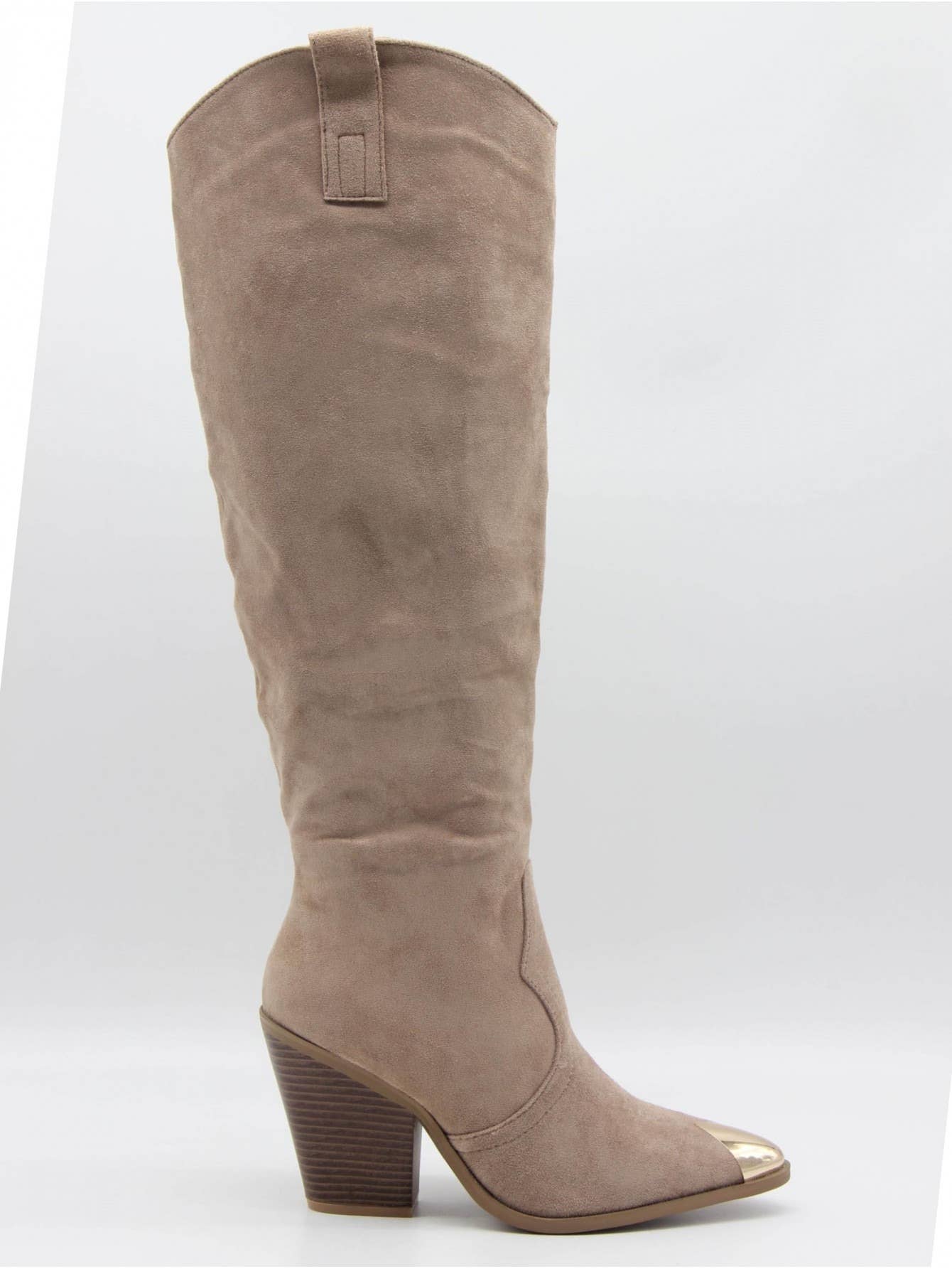 KAKI SUÈDE KHAKI SUEDE KNIEHOGE WESTERN METALEN PUNTIGE HAK COWBOYLAARS voor groothandel op Faire3