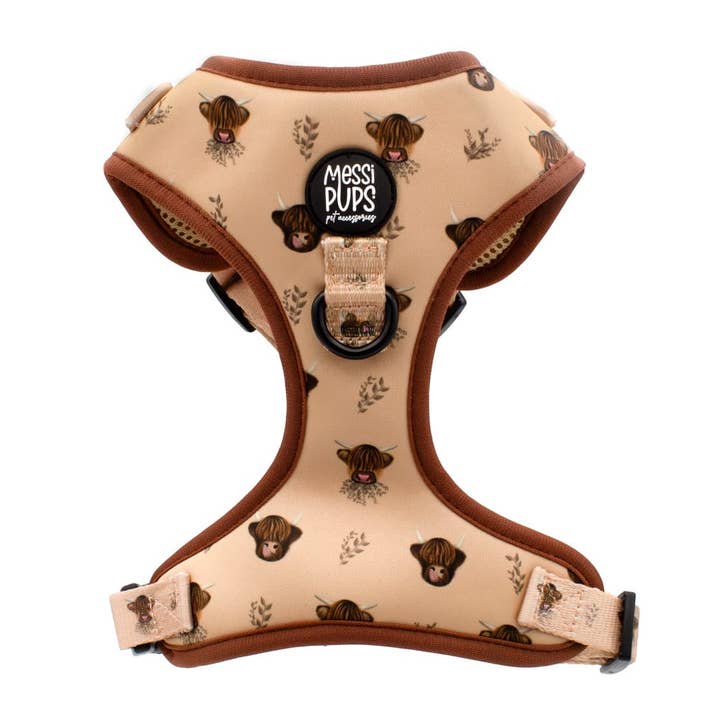Hairy Coo-ture • Adjustable Dog Harness with Highland Cow Print for wholesale by Messi Pups