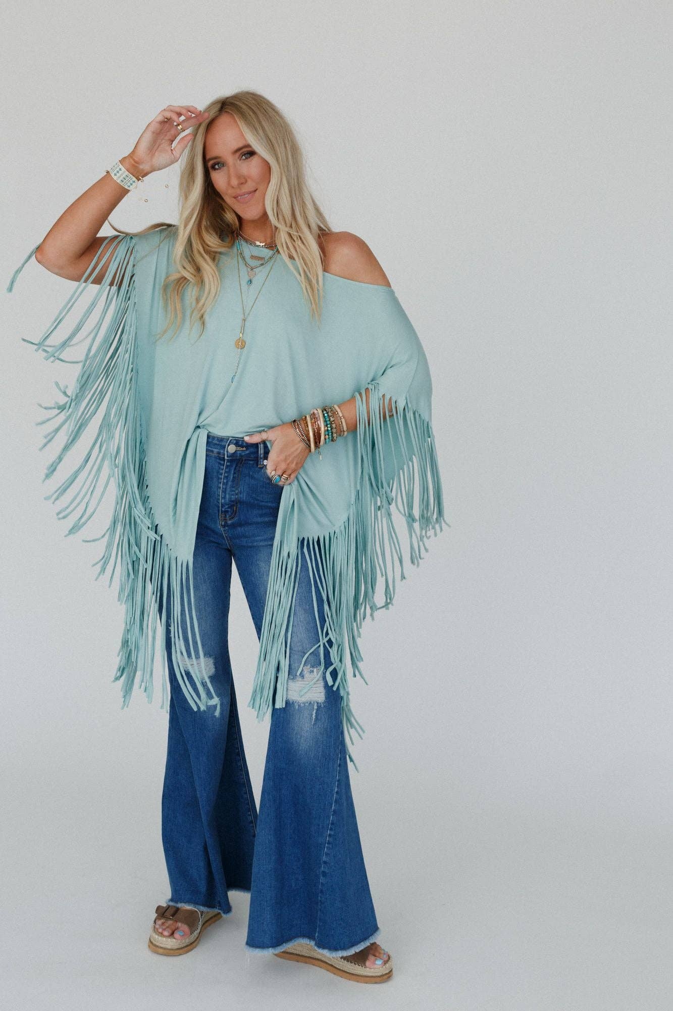 Three Bird Nest - Wholesale Tunic - Women's - Showstopper Fringe Top - Washed Seafoam0