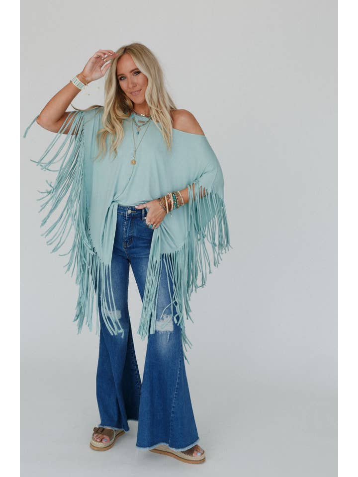 Three Bird Nest - Wholesale Tunic - Women's - Showstopper Fringe Top - Washed Seafoam