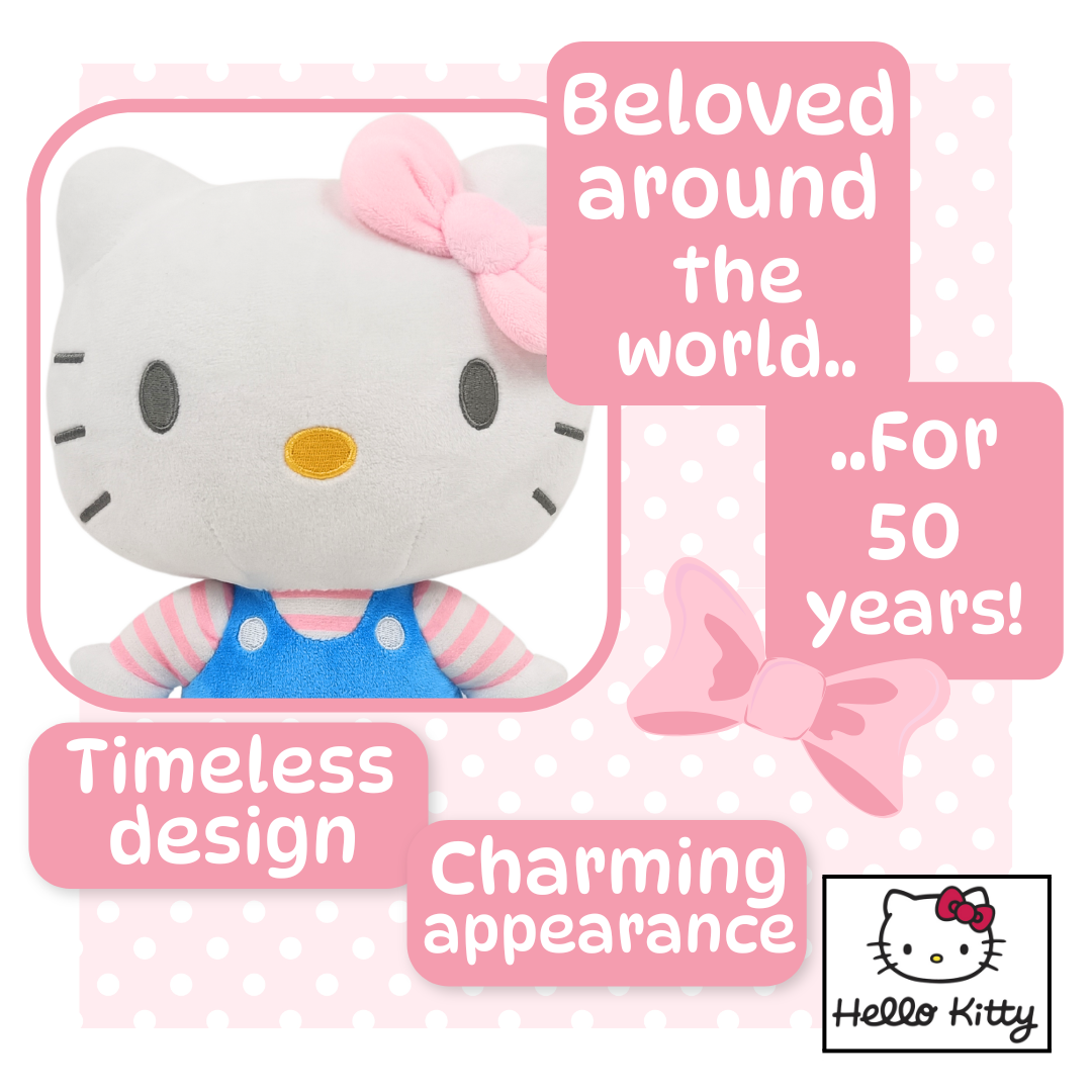 Baby Republic – Engroshandel Plyslegetøj - Børn og baby – 40cm Hello Kitty stående plys lyseblå kjole med lyserød stribe skjorte3