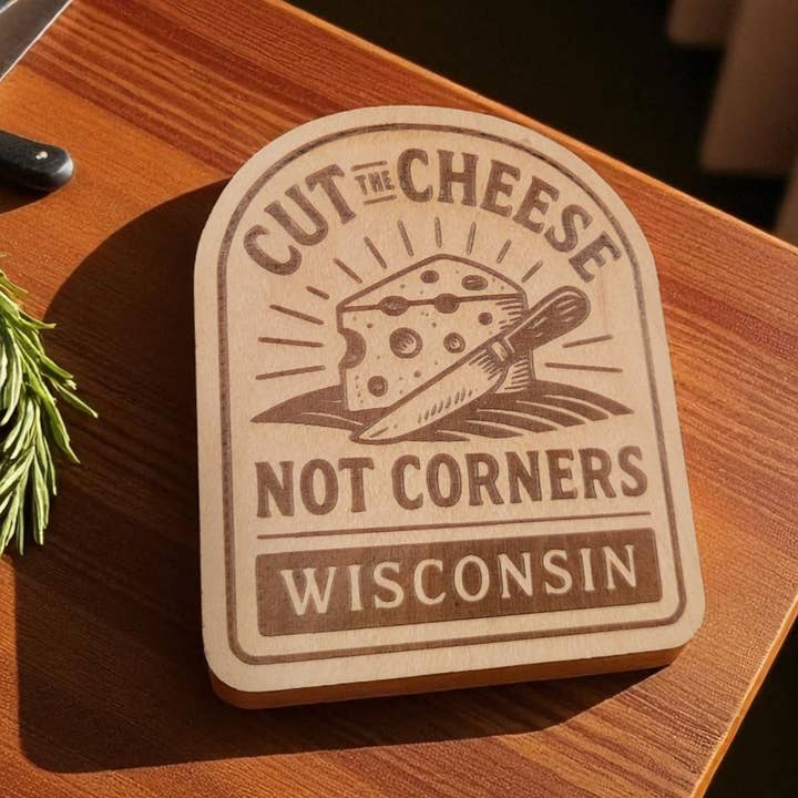 “Cut the Cheese, Not Corners” Wisconsin Wood Magnet for wholesale by Ellie Joe Design Co