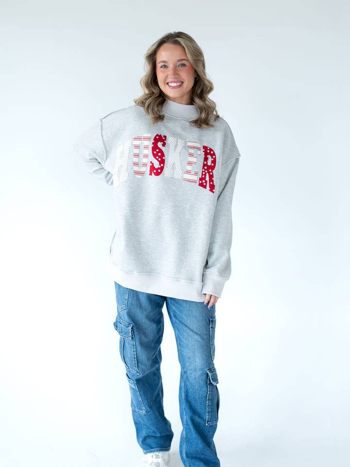 PATCHWORK HUSKERS - GREY MOCKNECK *CUSTOMIZABLE* for wholesale by h.flynn