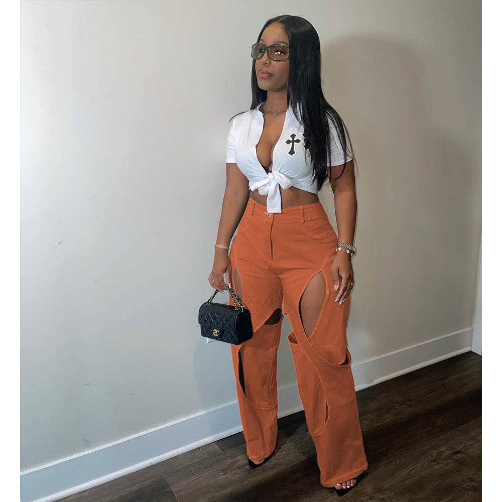 MB Fashion Wholesale - Wholesale Pants - Women's - MB FASHION STRAIGHT LEG HIGH WAIST CUTOUTS PANTS  9127LY11