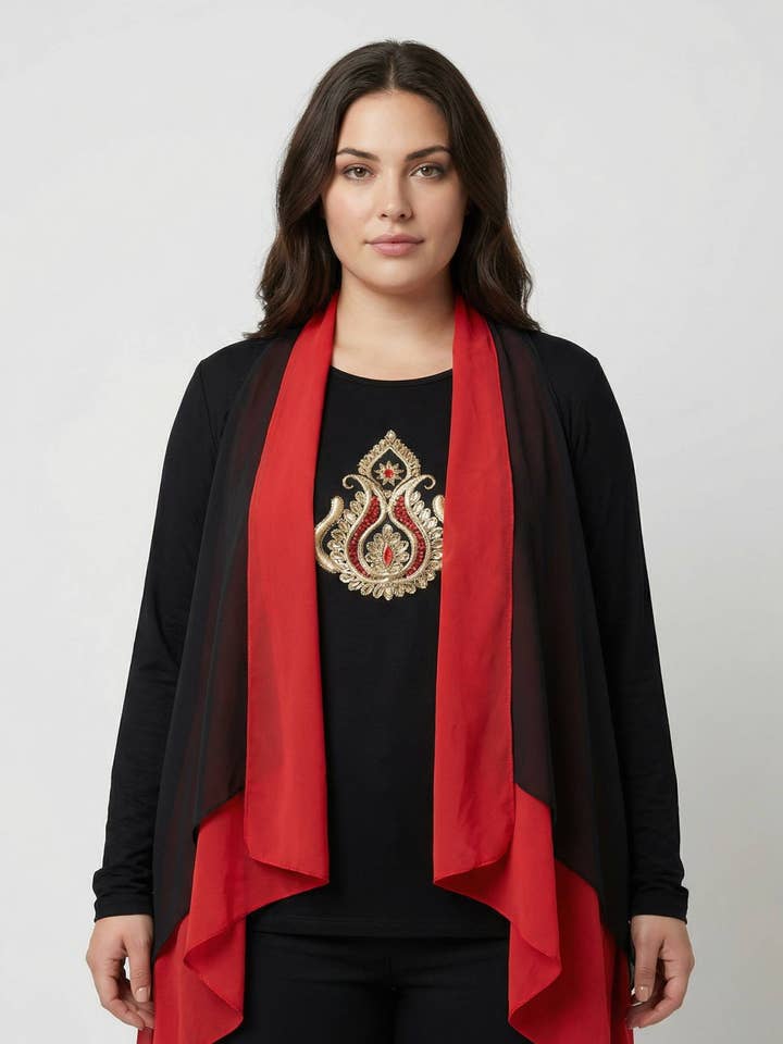 Röd broderad topp + väst i stora storlekar (A823) för wholesale av Pomme Rouge Paris