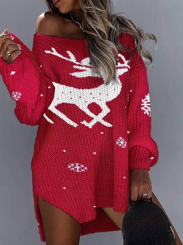 RED elk pattern high low split hem sweater dress for wholesale on Faire