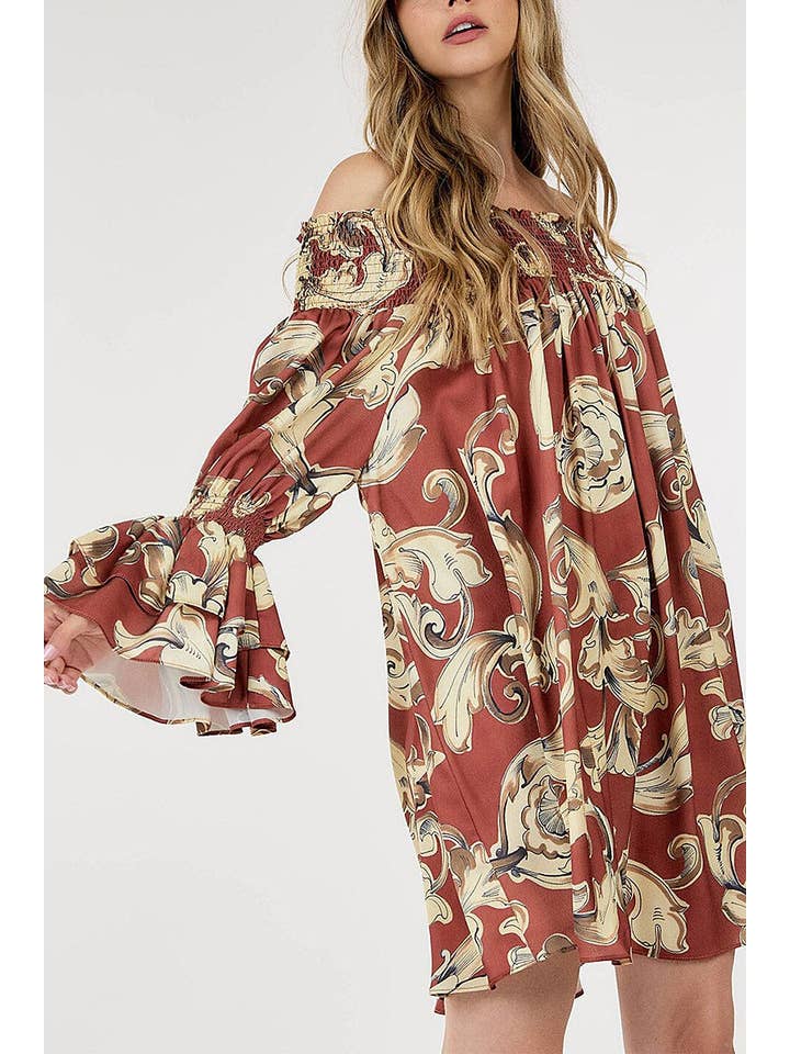 Brown MULTI PRINT BELL SLEEVE OFF SHOULDER DRESS for wholesale on Faire