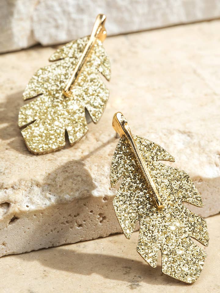 Glitter Faux Leather Banana Leaf Earrings for wholesale by Urbanista