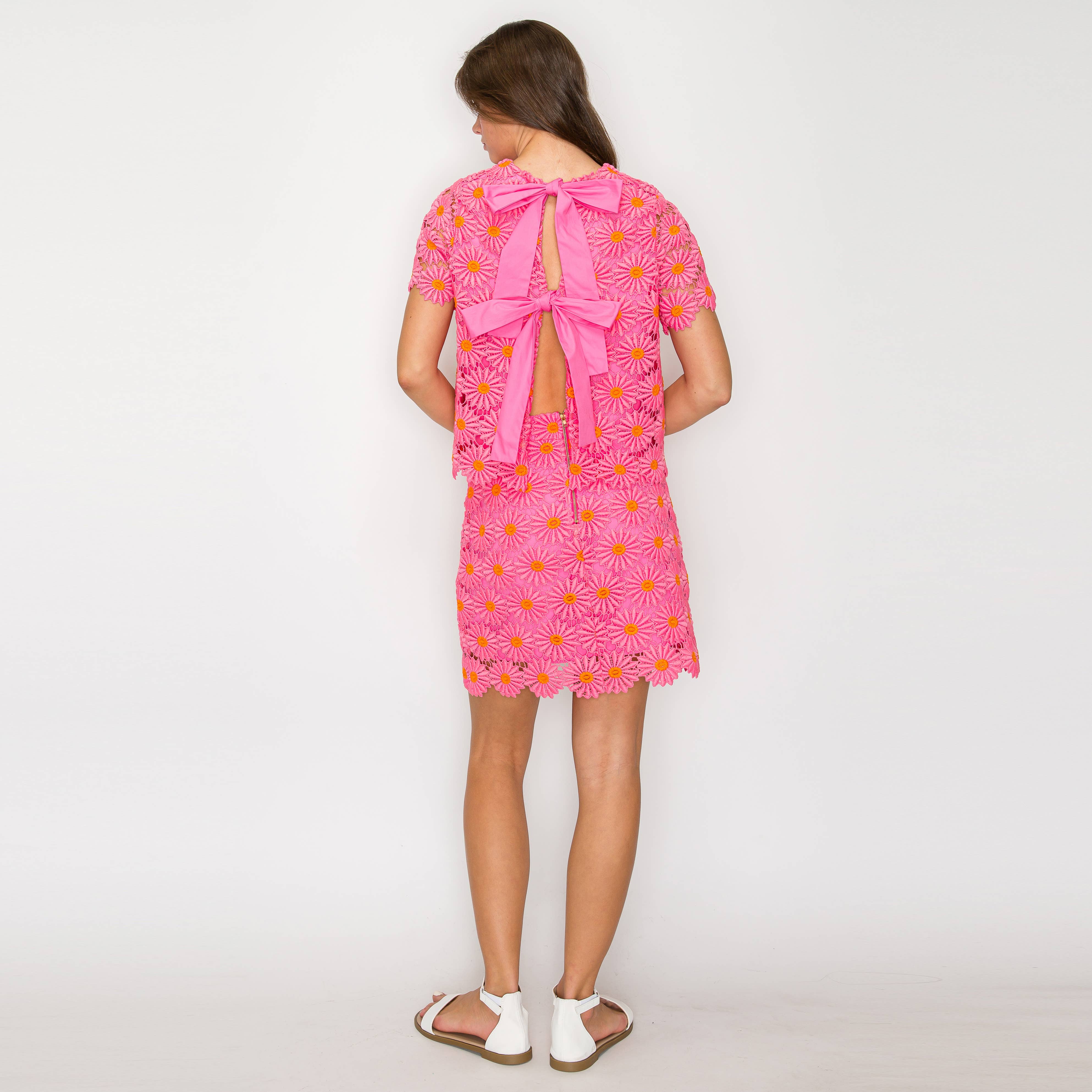 LoveWednesday - Wholesale Blouse - Women's - Pink Daisy Lace Top with Bow - LWT19783