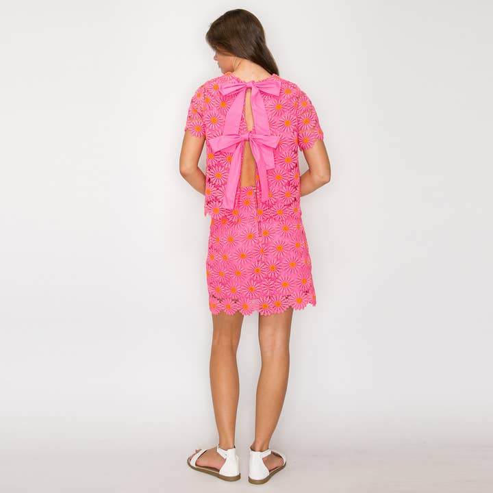 LoveWednesday - Wholesale Blouse - Women's - Pink Daisy Lace Top with Bow - LWT19783