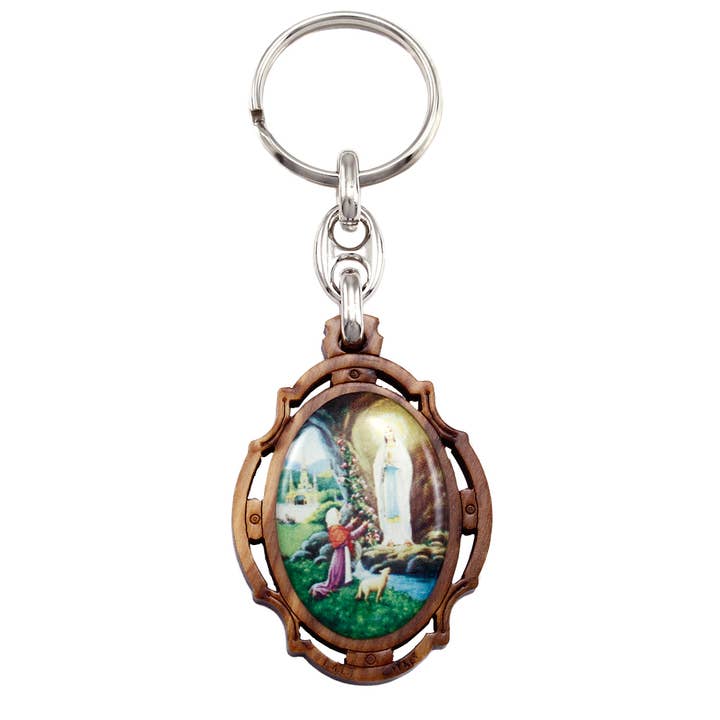 Our Lady of Lourdes Olive Wood Keychain for wholesale by RM Trading