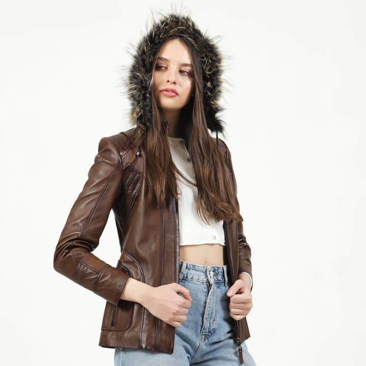 Kvinna handgjord äkta läder avtagbar huva jacka XS-5XL för wholesale av Dericlub