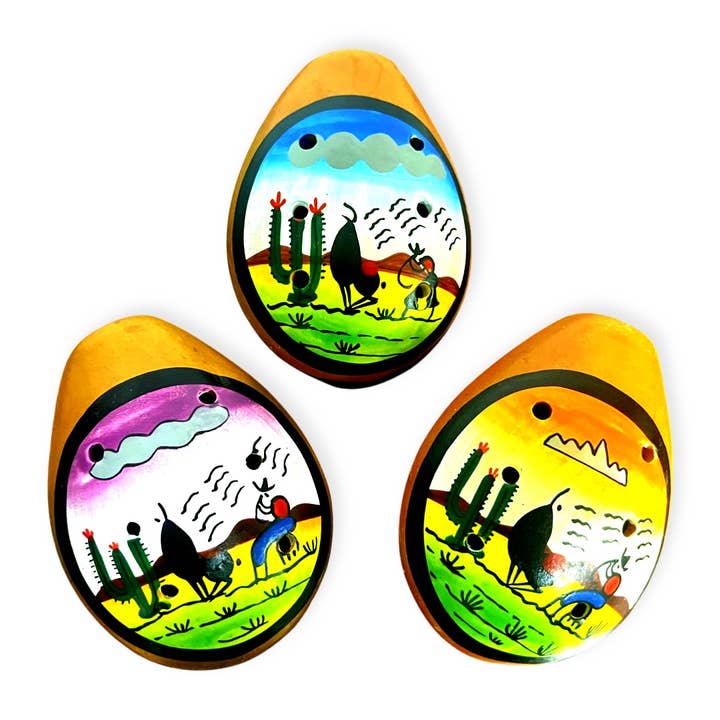 Sanyork Fair Trade - Wholesale Musical Instrument - Ocarina Peruvian Design Andes Scene Clay Flute Whistle 3"