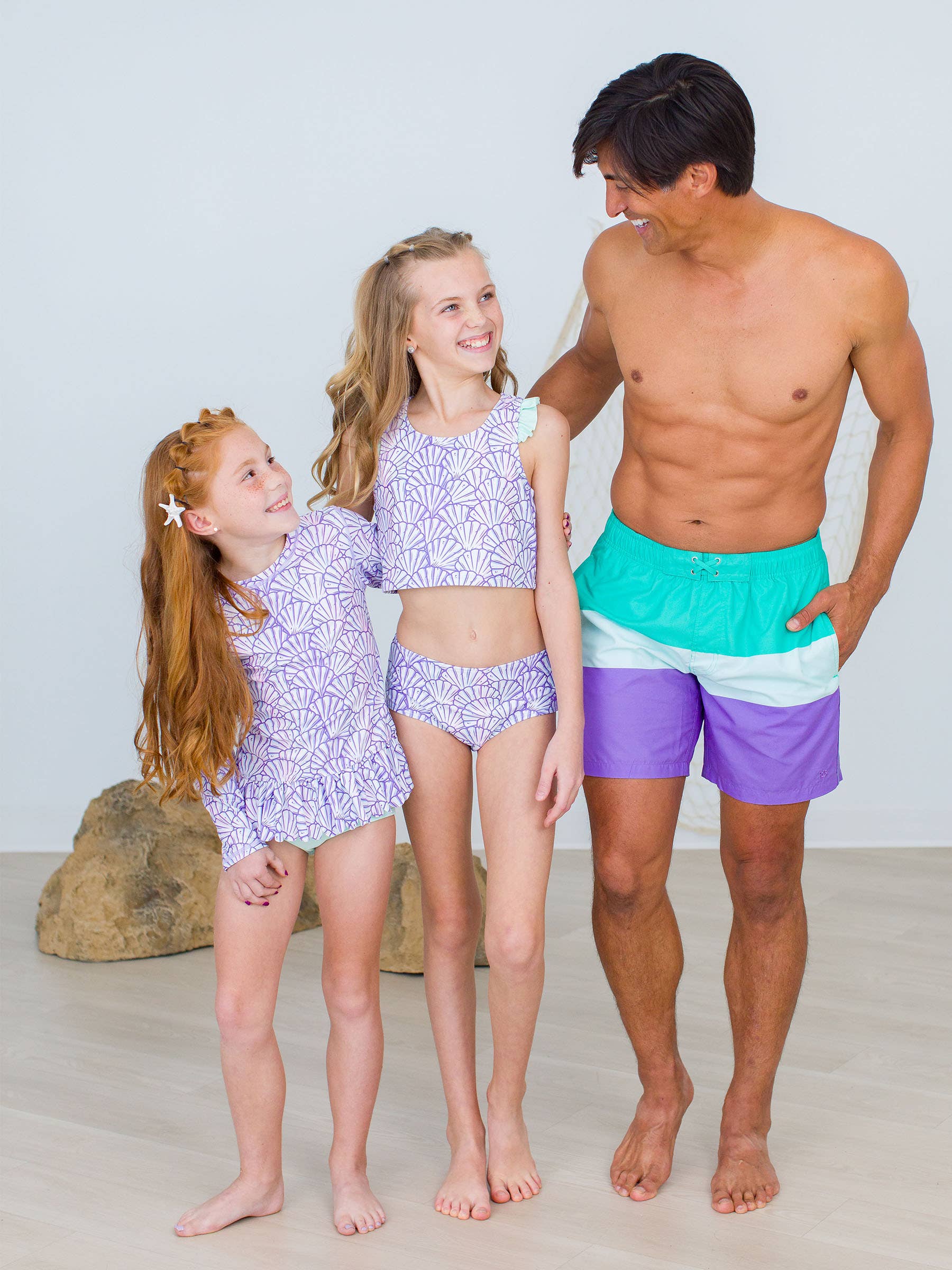 Purple Girls Magical Mermaid Scallop Hem Long Sleeve Rash Guard 2-Piece Swimsuit with Signature Rear Ruffles for wholesale on Faire2