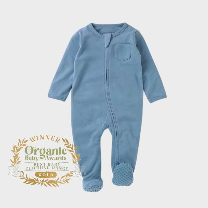Soft Blue Organic Cotton Zipped Babygrow for wholesale by ZIPPYUP