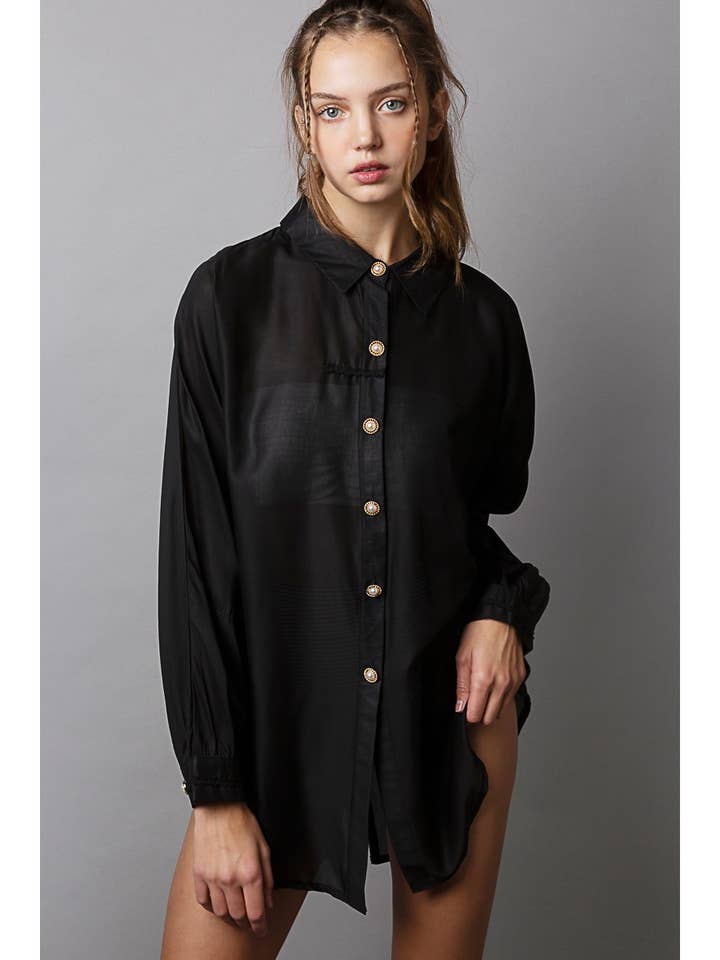 Pol Clothing - Wholesale Button Down Shirt - Women's - Open back batwing long sleeve sheer button down shirt SALE