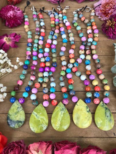 SERPENTINE & Rainbow Jasper hand knotted silk necklace for wholesale by Wingostarrjewelry