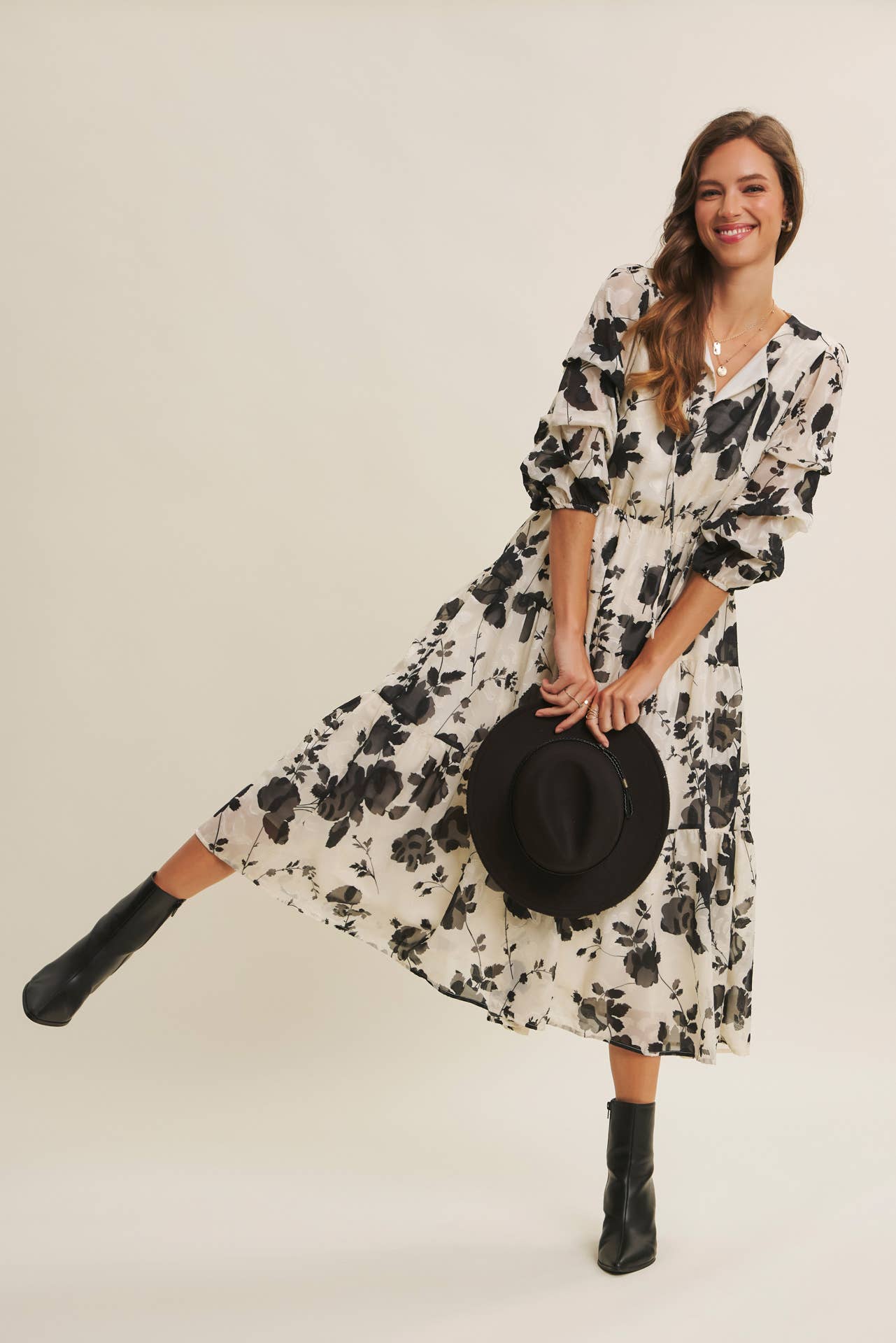 in february - Wholesale Dress - Women's - DREAMY JACQUARD FLORAL MIDI DRESS WITH STATEMENT SLEEVES27