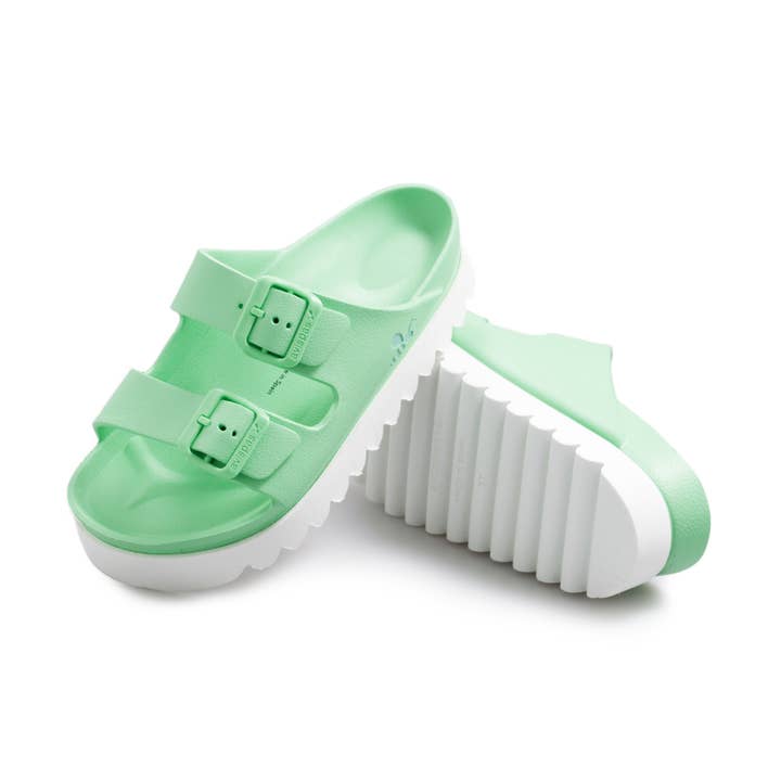 Avispas - Vente Claquettes – femme - Menthe au coucher du soleil. Sandales végétaliennes à boucles et plateforme1