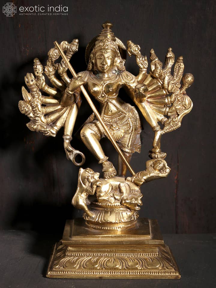 Mahishasur-Mardini (diosa Durga) de 18 pulgadas con dieciocho brazos para venta al por mayor de Exotic India Art