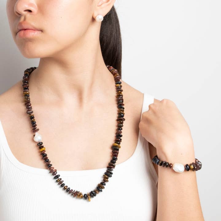 Golden Tiger Eye Necklace with Keshi Pearl, Sterling Silver for wholesale by Naturagems