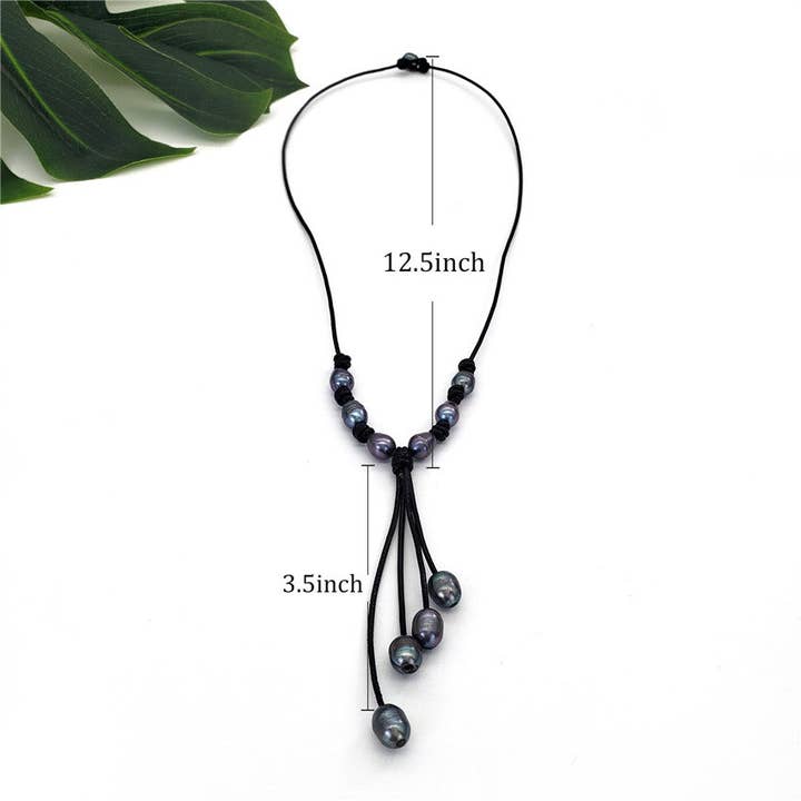 S&T Collections - Wholesale Beaded/pearl necklace - Tahitian Black Pearls Semi-Baroque Leather Necklace9