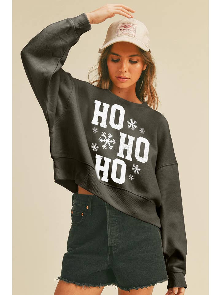 Honestee - Wholesale Sweatshirt - Women's - Ho Ho Ho Short Cropped Long Sleeve Sweatshirt