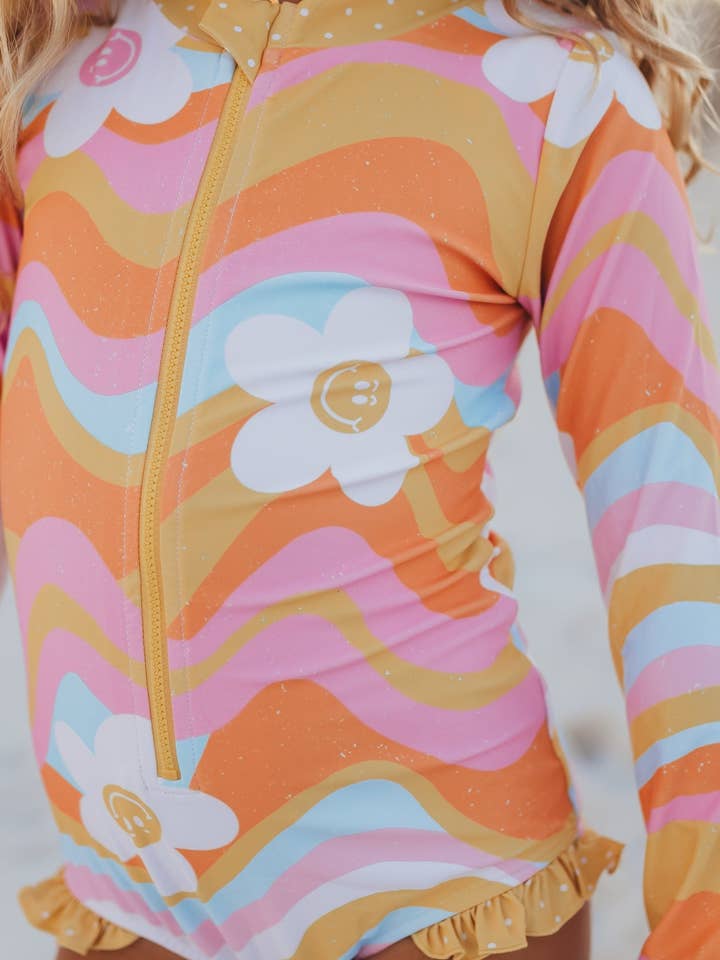 Kids Retro Flower Wave Zip Rash Guard One Piece Swimsuit for wholesale by Oopsie Daisy