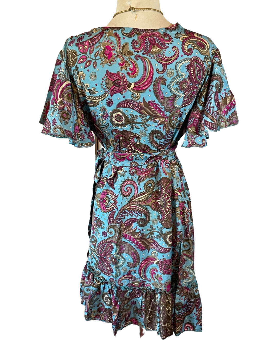 Pink and Silver - Wholesale Dress - Women's - Silk Adjustable Short Wrap Kimono Dress (Turquoise/brown )2