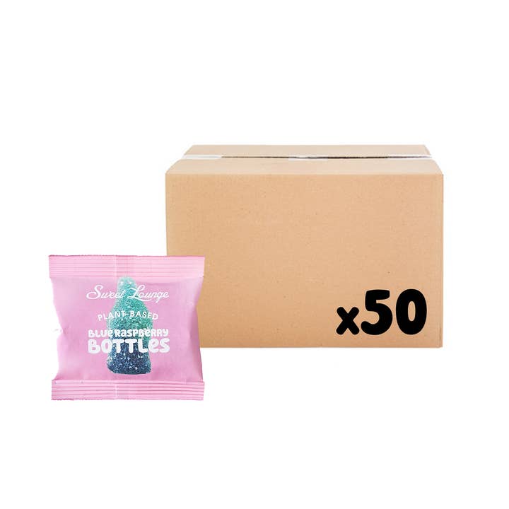 50x Vegan Fizzy Blue Raspberry Bottles (Plastic-free) 25g for wholesale by Sweet Lounge