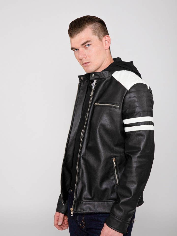 Black Men's Hawk Hooded PU Faux Leather Moto Jacket for wholesale on Faire3